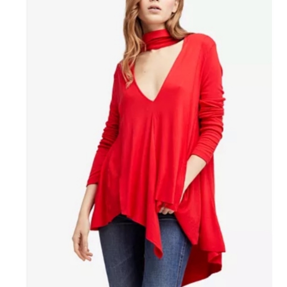 Free People Red Draped V-Neck Long Sleeve Top with Choker